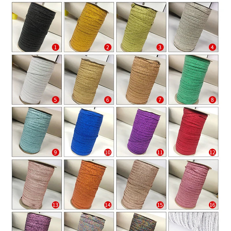 Экологик тоза 2мм 3мм 4мм Стокдаги Олтин кумуш тўрли металл эластик тасма полестер ва кийим учун каучукдан ясалган тўқув шнури