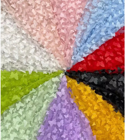 3D капалак нақшли кружев мата — лазер билан кесилган, тикима орқали безатилган зебо материал. Болалар кўйлаги ва байрам кийимлари учун мос