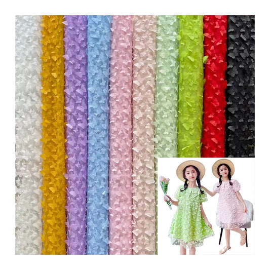 3D капалак нақшли кружев мата — лазер билан кесилган, тикима орқали безатилган зебо материал. Болалар кўйлаги ва байрам кийимлари учун мос