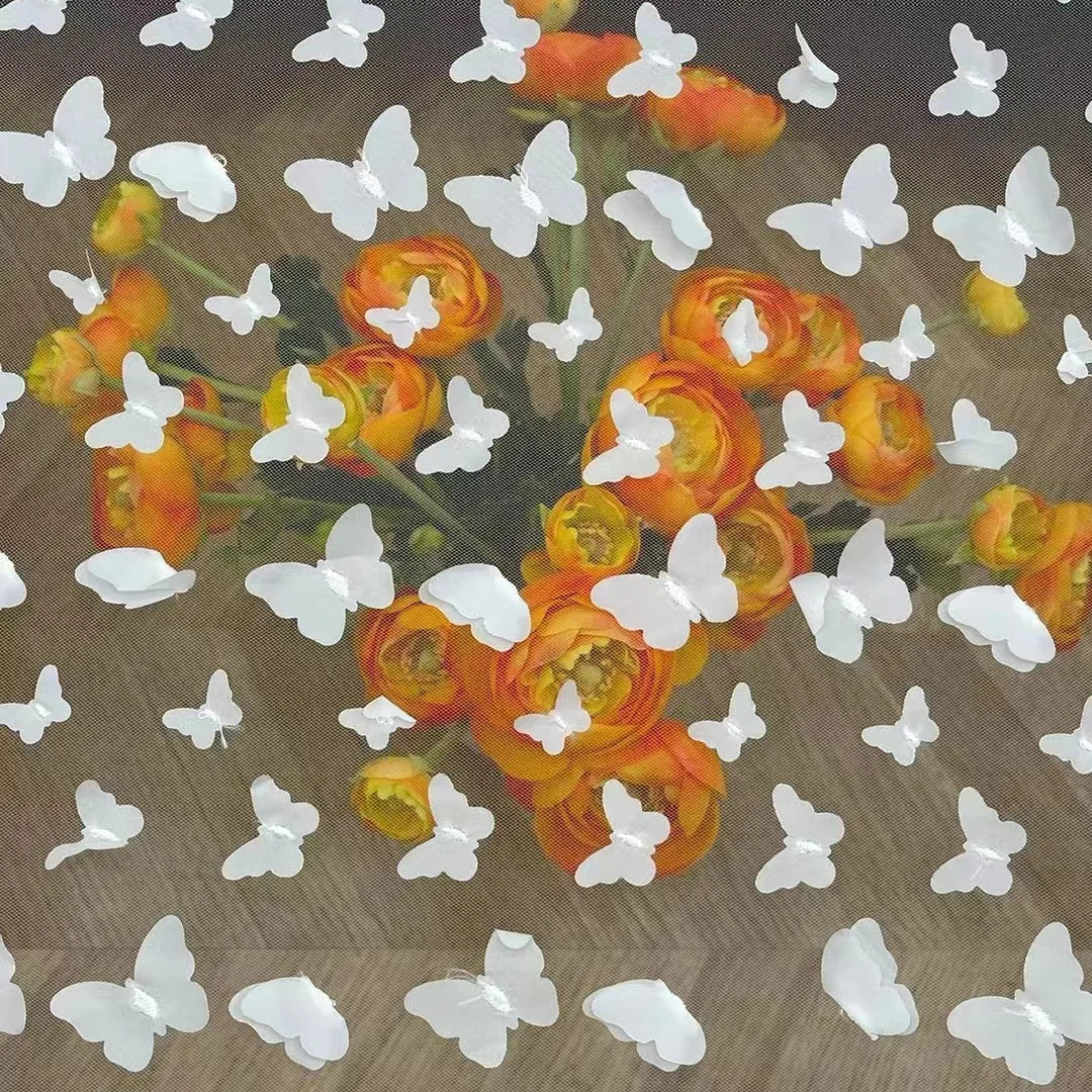 3D капалак нақшли кружев мата — лазер билан кесилган, тикима орқали безатилган зебо материал. Болалар кўйлаги ва байрам кийимлари учун мос