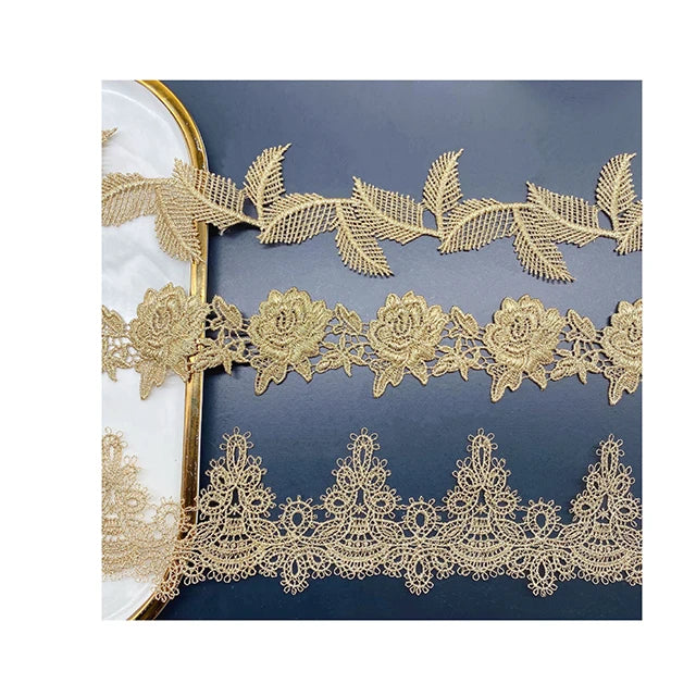 Кийимларни безаш учун янги келган олтин гипур каштадўзлик дантелли трим