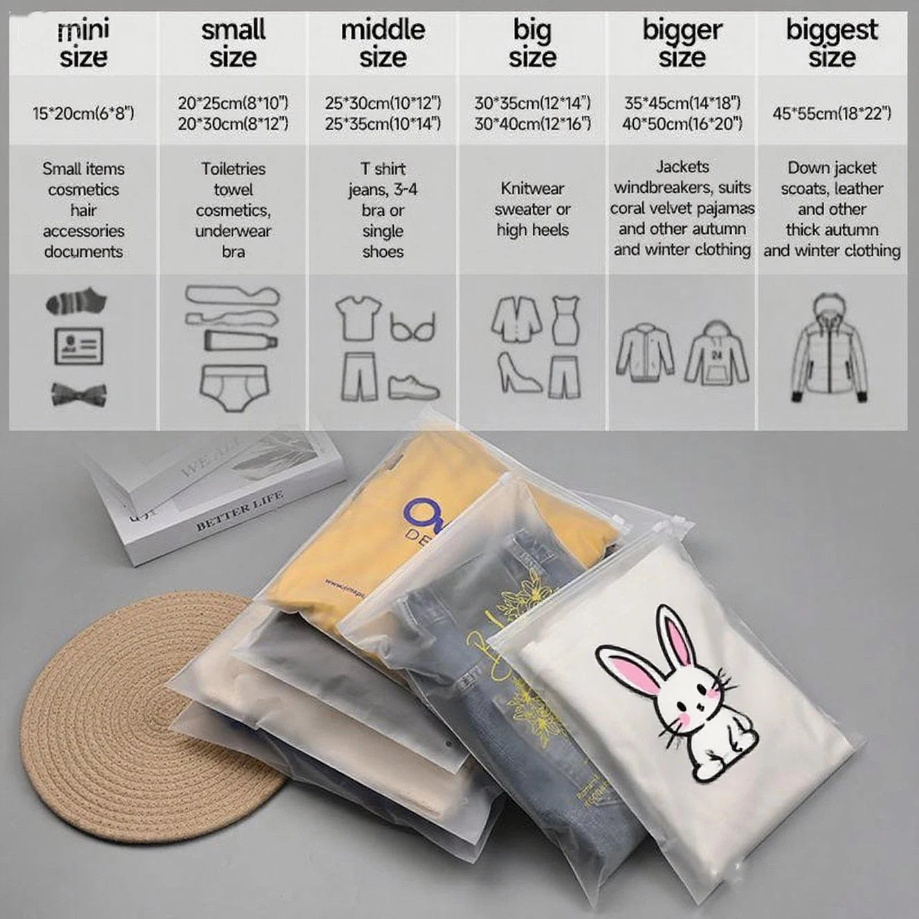 Кастом шаффоф пластик кийим-бош учун зиплок пакет — мат сиртли зипперли қопча, лого қўйиш имконияти билан