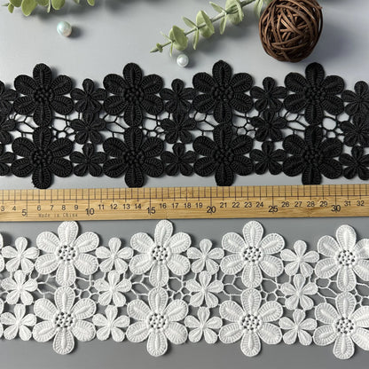 Юқори сифатли полестер 11СМ кенгликдаги қора/оқ ипак гулли гипур каштадўзлик тўрли трим либослар учун