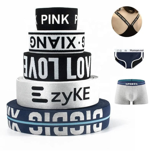 Махсус жаккард брендлари логотипи Юмшоқ кенг эластик тасмалар Трикотажли тўқилган эластик тасмали сутен