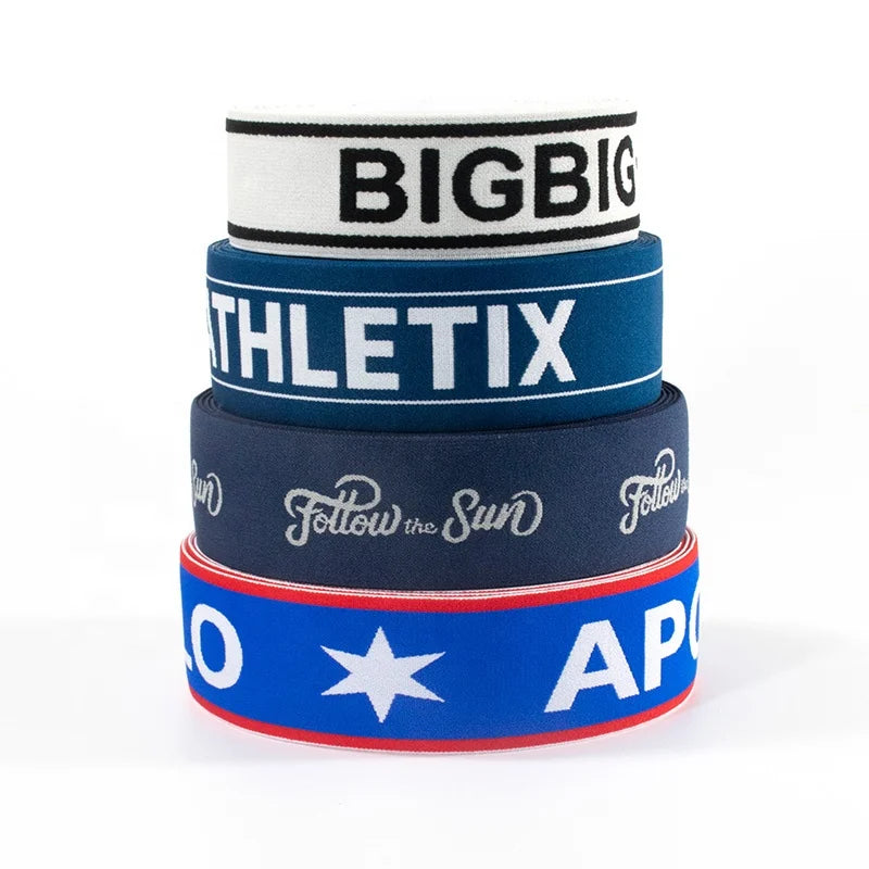 Махсус жаккард брендлари логотипи Юмшоқ кенг эластик тасмалар Трикотажли тўқилган эластик тасмали сутен