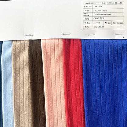 Янги дизайн — 93% полиэстер ва 7% спандексдан тўқилган 8×3 резинка трикотаж мати. Қизлар учун футболка, ички кийим, кўйлак, пижама ва тунги кийимлар тайёрлашга мос, чўзиладиган ва қулай материал