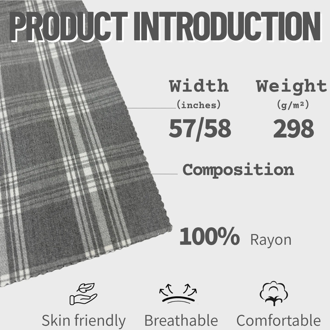 100% райондон тайёрланган, ипдан бўялган катакли тўқилган мата — 298 GSM, кулранг, юмшоқ, нафас оладиган, яхши тушувчан мода мати. Куз-қиш мавсумида куртка ва кийимлар учун мос