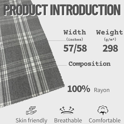 100% райондон тайёрланган, ипдан бўялган катакли тўқилган мата — 298 GSM, кулранг, юмшоқ, нафас оладиган, яхши тушувчан мода мати. Куз-қиш мавсумида куртка ва кийимлар учун мос