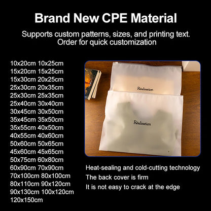 Қайта ишлатиладиган мат сиртли слайдер-зипперли пакет — СПЭ (CPE) материалдан, кийим-бош, аксессуарлар ва гигиена воситаларини қадоқлаш учун мўлжалланган