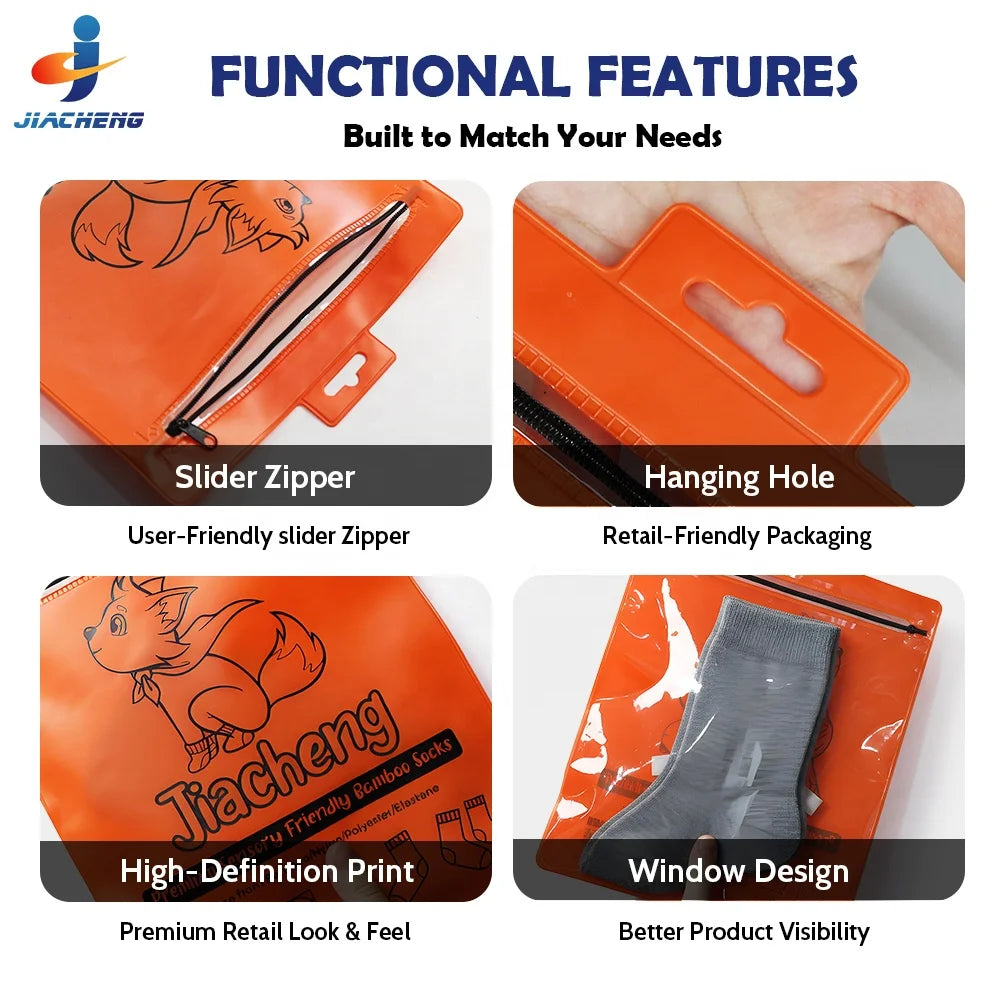 Кастом босмага эга, қалин ва қайта ишлатиладиган слайдер-зипперли текис пакет — ойначали, ПВХ материалдан тайёрланган, шкарпеткаларни қадоқлаш учун. Илгич учун тешиги мавжуд