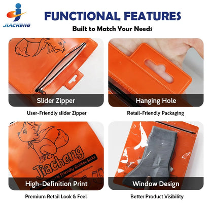 Кастом босмага эга, қалин ва қайта ишлатиладиган слайдер-зипперли текис пакет — ойначали, ПВХ материалдан тайёрланган, шкарпеткаларни қадоқлаш учун. Илгич учун тешиги мавжуд