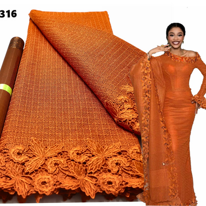 Куйган апельсин ҳашаматли гипур шнурли дантел мато сувда эрувчан кашта Анъанавий 5 ярд тўй учун секси ичи бўш трикотаж дантел