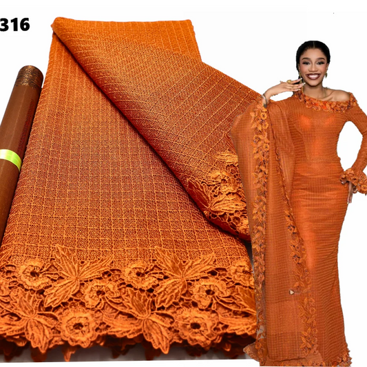 Куйган апельсин ҳашаматли гипур шнурли дантел мато сувда эрувчан кашта Анъанавий 5 ярд тўй учун секси ичи бўш трикотаж дантел