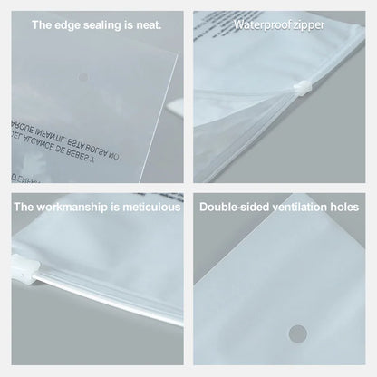 Қайта ишлатиладиган мат сиртли слайдер-зипперли пакет — СПЭ (CPE) материалдан, кийим-бош, аксессуарлар ва гигиена воситаларини қадоқлаш учун мўлжалланган