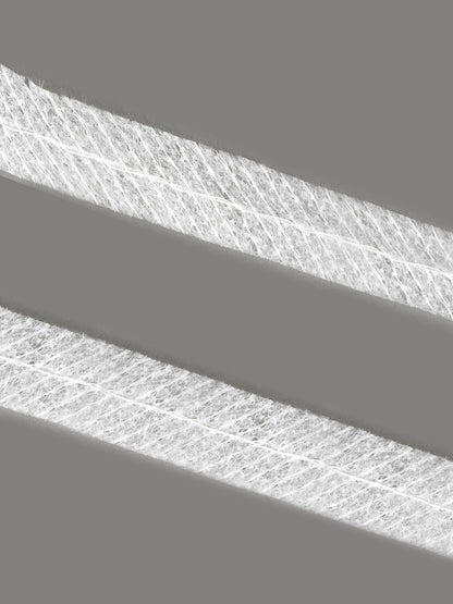 KUBRO TEXTILE ип билан тикилган елимли лента (қия кесилган, ипли): 15мм кенглик, 45г/м² зичлик, оқ рангда, 100м рулон, индивидуал қадоқланган.